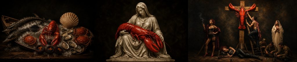 «СТРАСТИ ПО ОМАРУ» — арт-работа автора Angelika Astakhova; тема: Рыбы и морские животные, Социальная тема; техника: Цифровая живопись